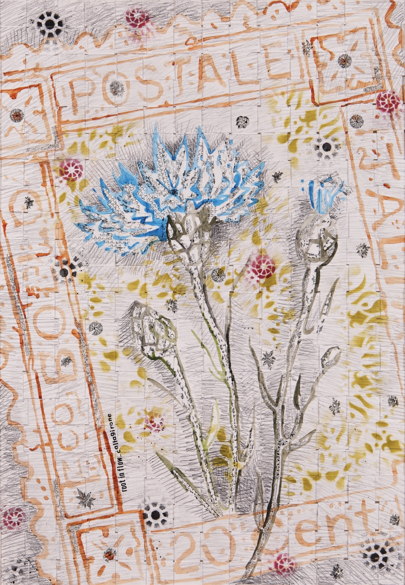 Stamps_ROOTS IN FLOW_ Centaurea cyanus_Caltagirone, 2020, tecnica mista su carta, cm 50 x70.