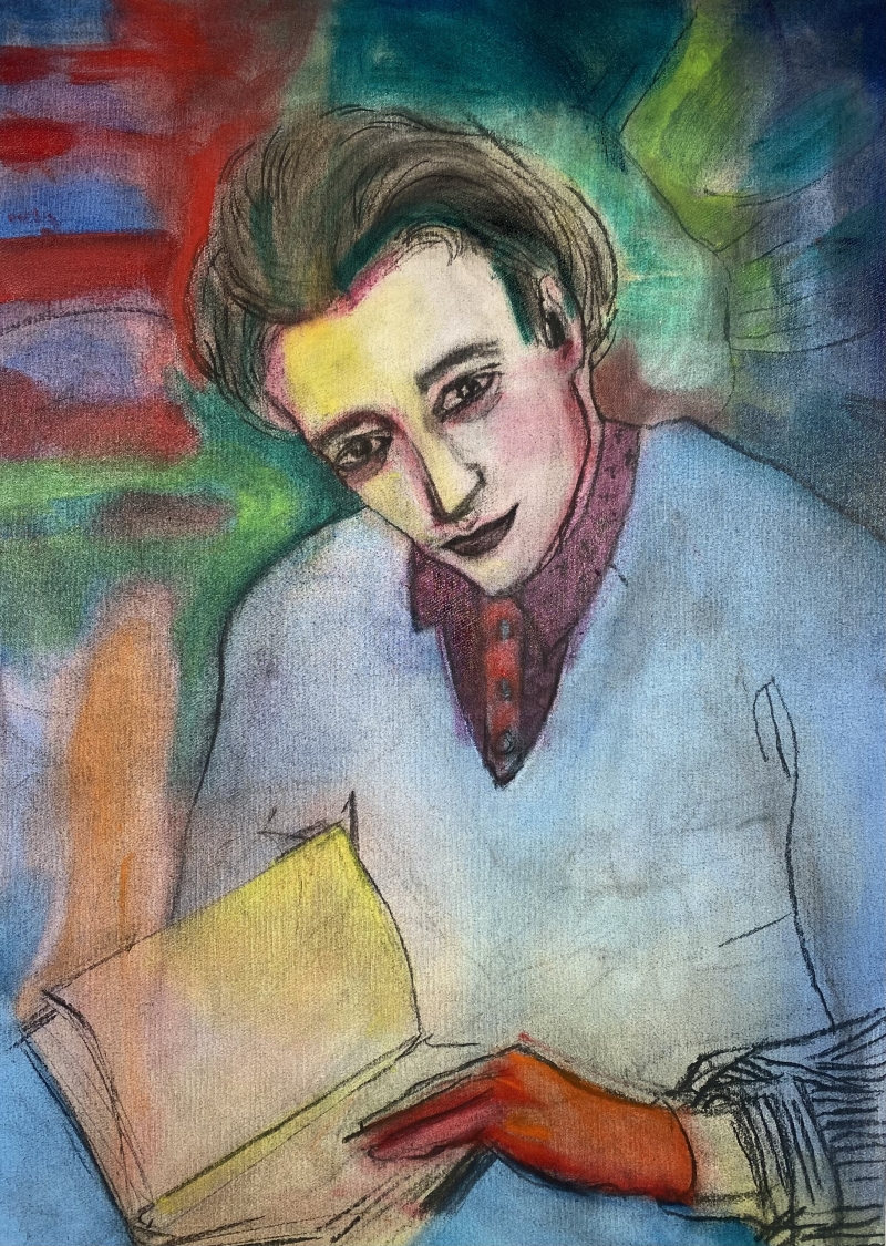 The Friend reading, 2023. Carboncino e olio su tela montata su dibond, cm 70 x 50