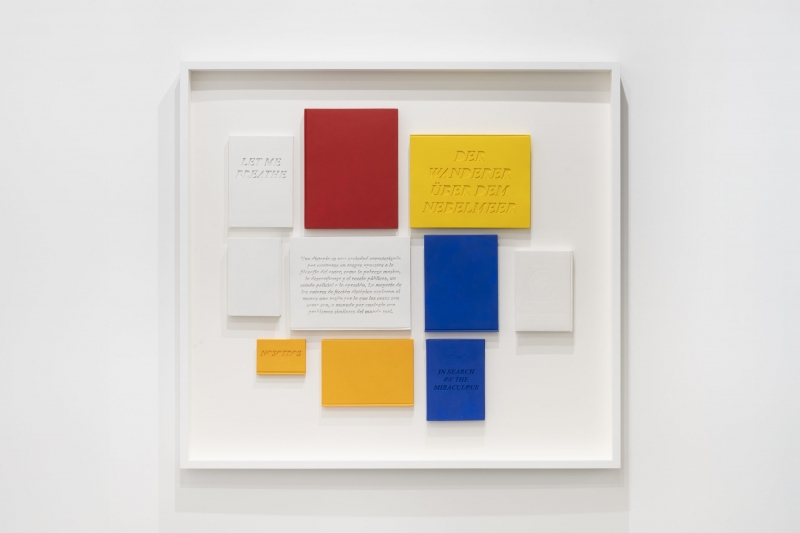 CLIMATE NEOPLASTICISM series (Mondrian), 2025-26. Taglio laser e pittura eco su libri veri, scatola di legno e vetro museale, cm 130 x 140 x 7 
